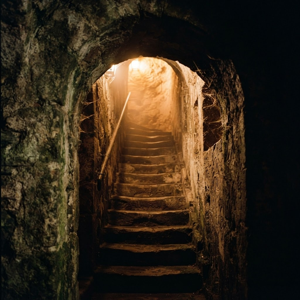Warmly lit stone archway leading to a glowing staircase