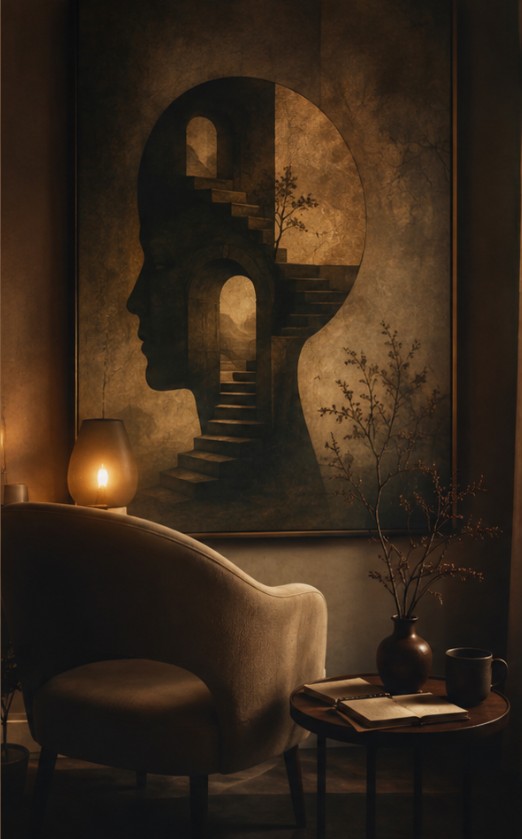 Symbolic artwork of a human profile filled with interior staircases and doorways, representing the unconscious mind and inner exploration