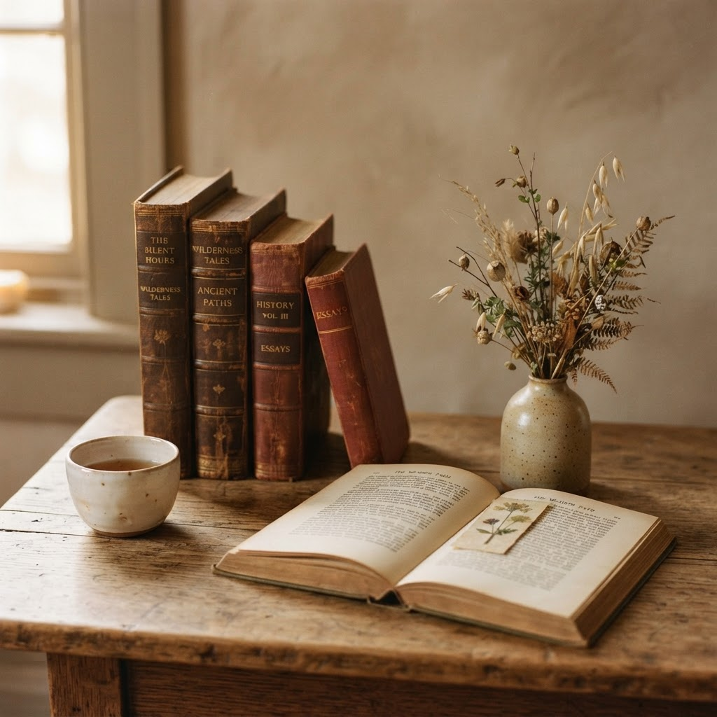 Still life of leather-bound books and a vase of dried branches