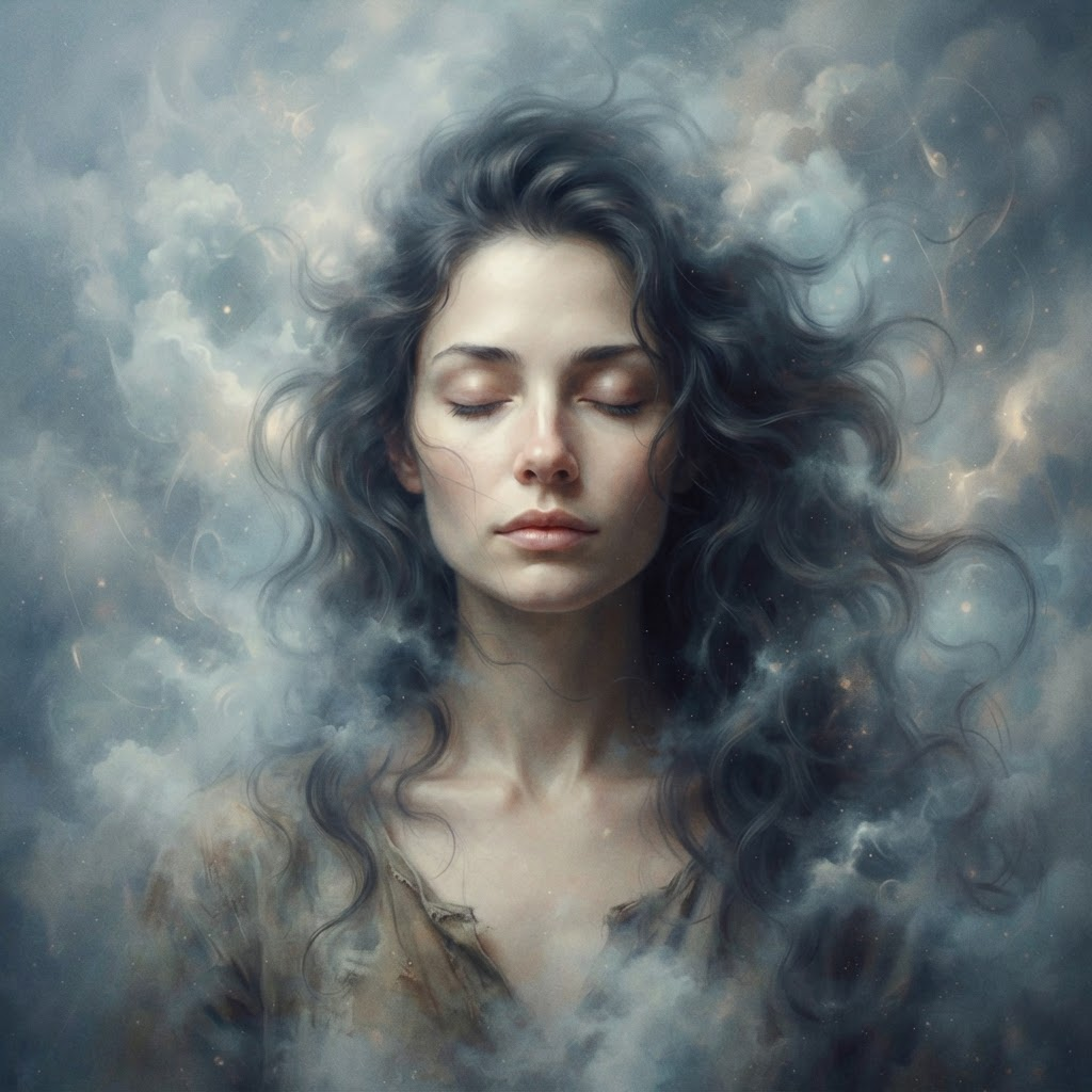 Dreamlike portrait of a woman dissolving into soft clouds
