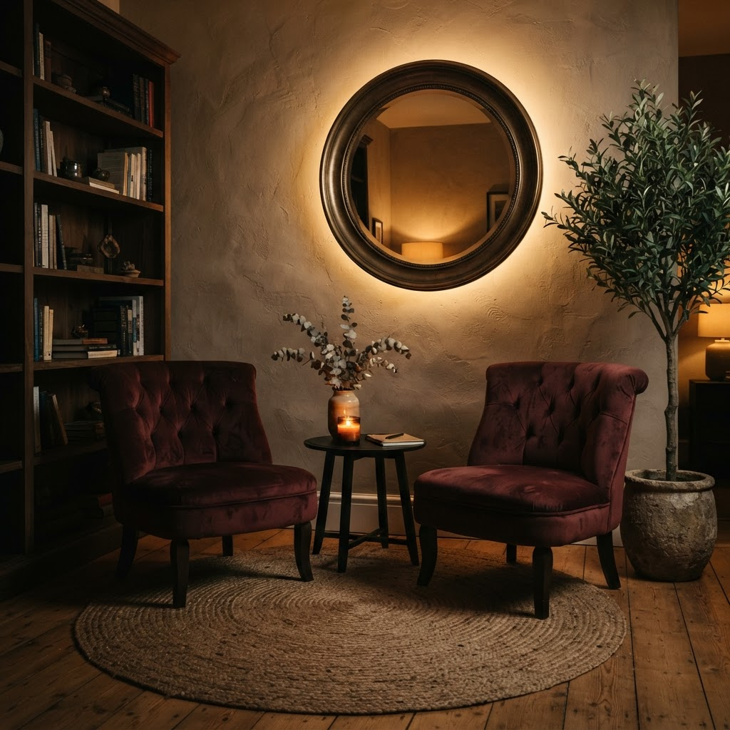 Two deep maroon velvet chairs in a warmly lit lounge with a large round gold mirror
